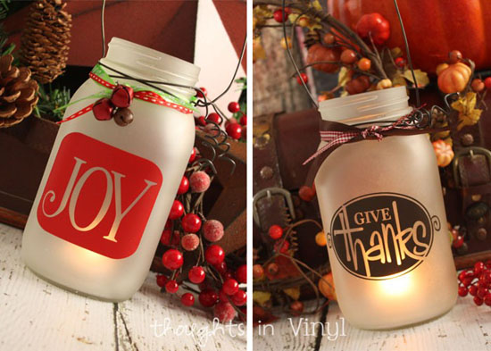 Frosted Mason Jar Lanterns with Holiday Decals 