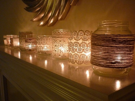 Mason Jars Decorated with Lace & Twine