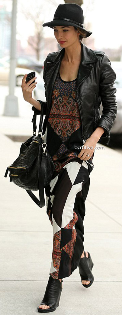 Fashion model Lily Aldridge, wearing a Givenchy maxi dress & leather jacket - Dress on Farfetch http://rstyle.me/n/bugfrr5i6
