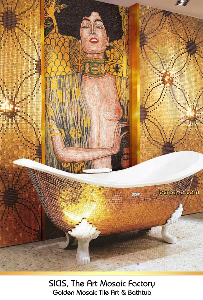 Gold Claw Foot Mosaic Tiled Bathtub & Mosaic Tiled Wall by Sicis