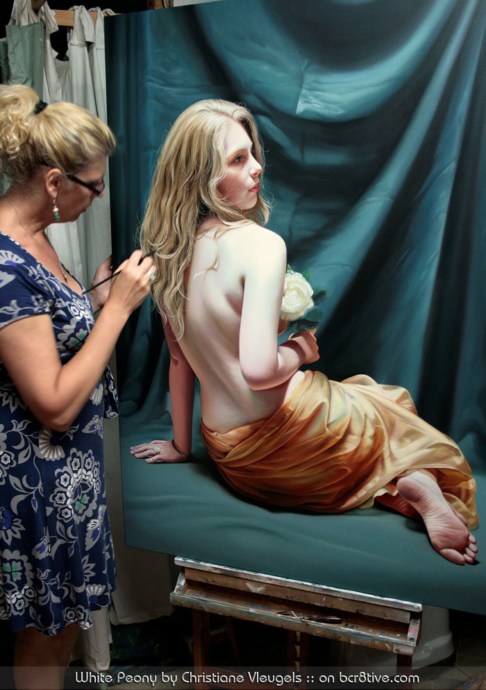 Christiane Vleugels works on the paintings of her youngest daughter, White Peony