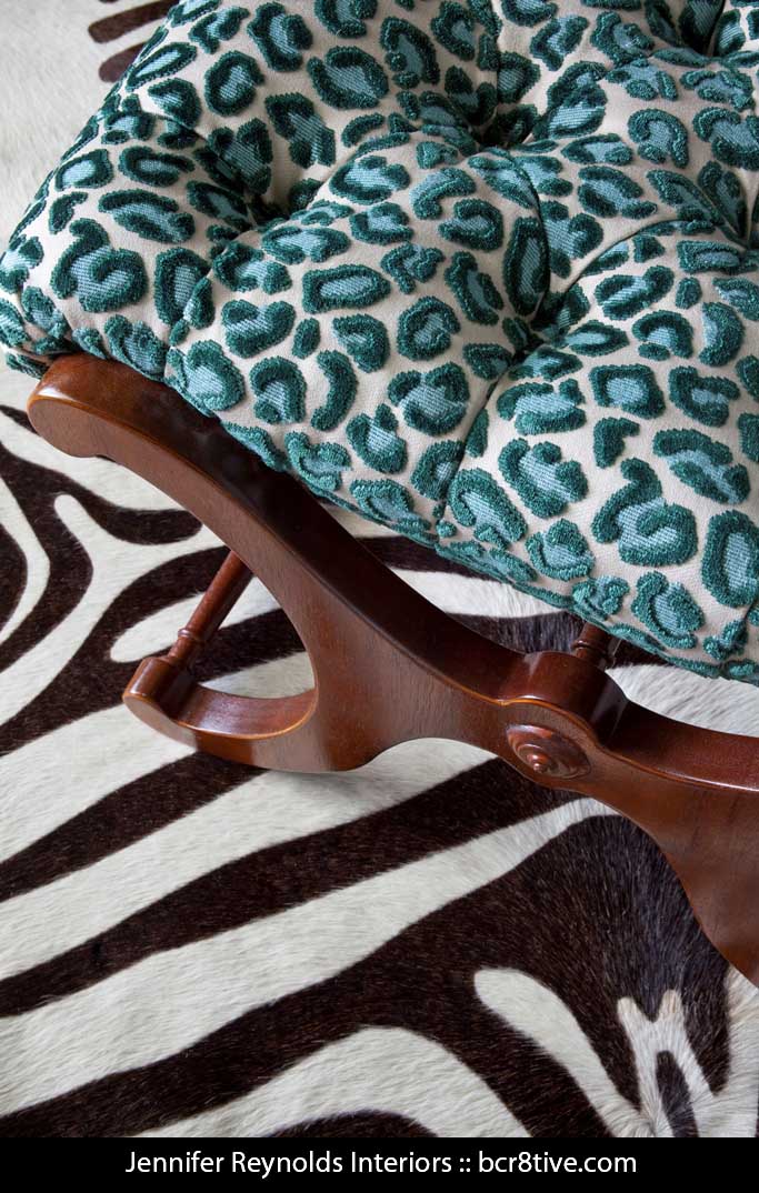 Jennifer Reynolds Interiors -- Hide Rug with Zebra Print & Animal Print Stool