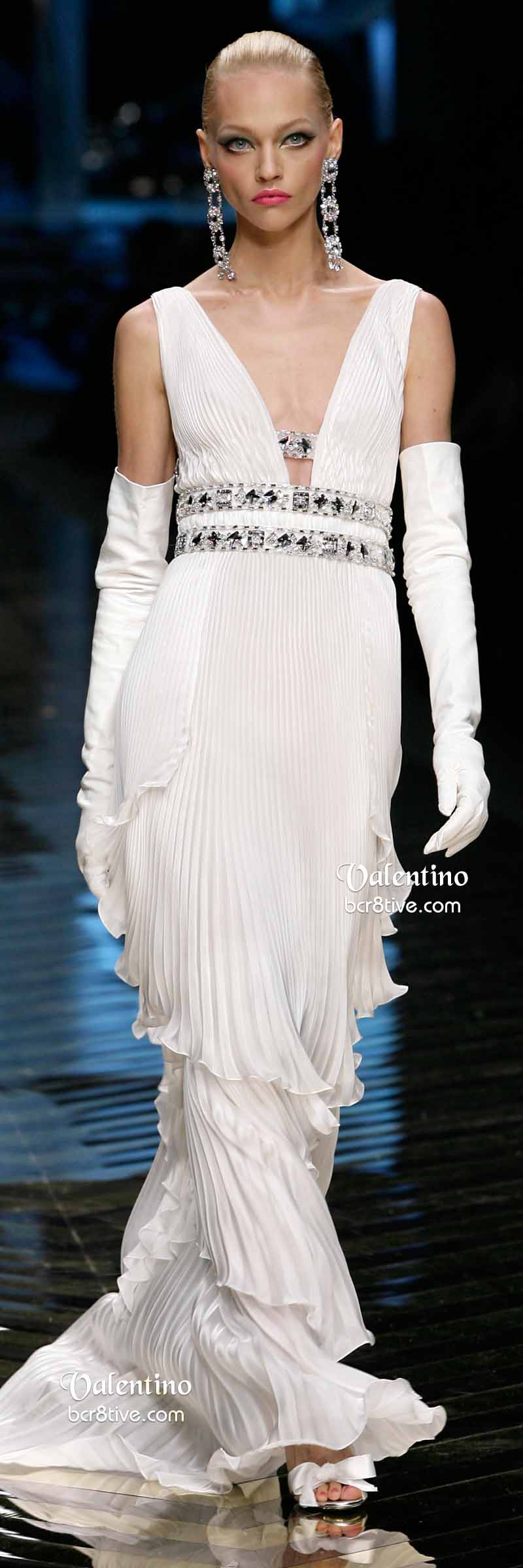 White Gemstone Embellished Pleated Valentino Evening Gown