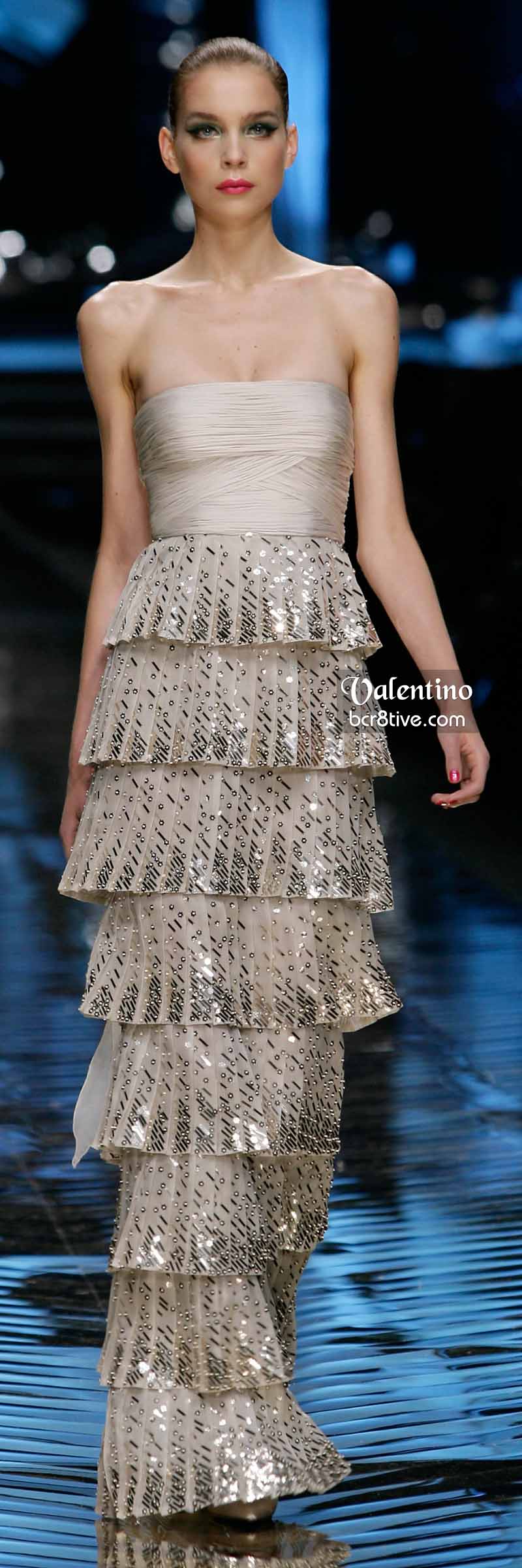 Valentino Neutral Strapless and Beaded Multi-Tiered Gown