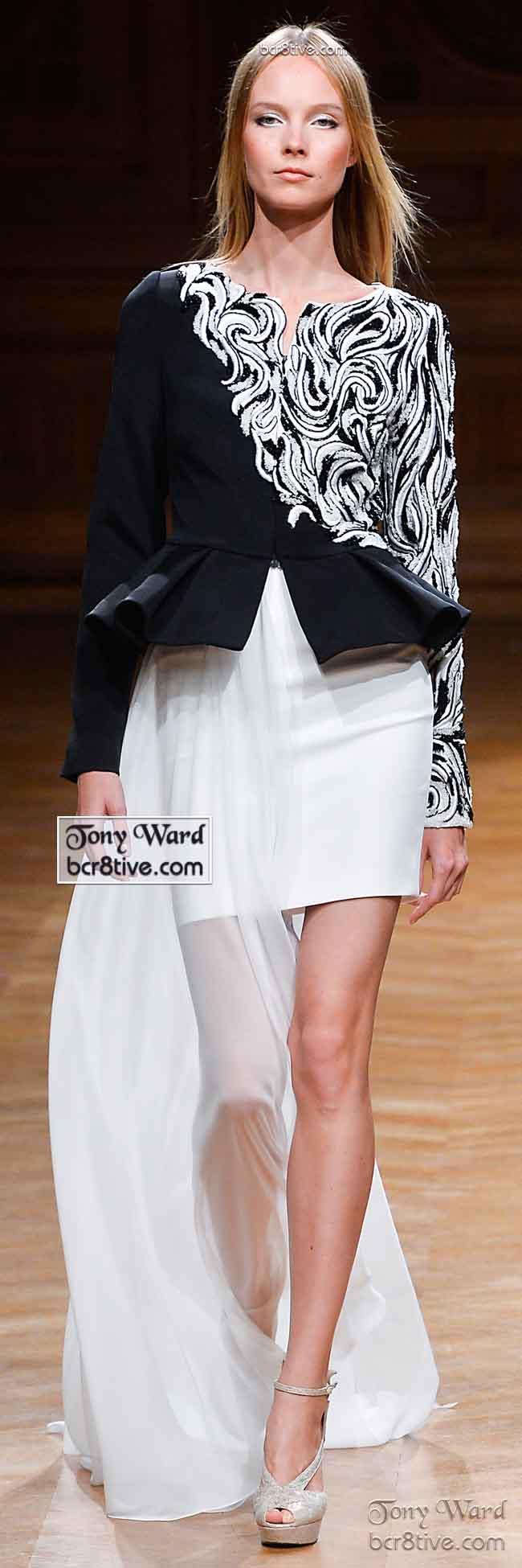 Ultra Creative - Black and White Embroidered Peplum Jacket, White Skirt Layered in Floor Length Chiffon